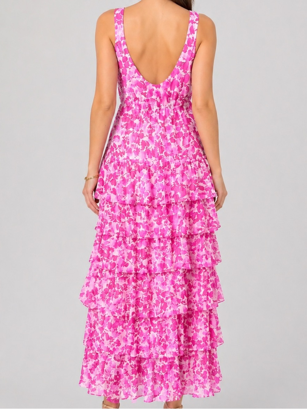 🆕💖Vince Camuto Pink Floral Tiered Maxi Dress Overlay Daisy Daze Size M Flowing - Picture 3 of 17